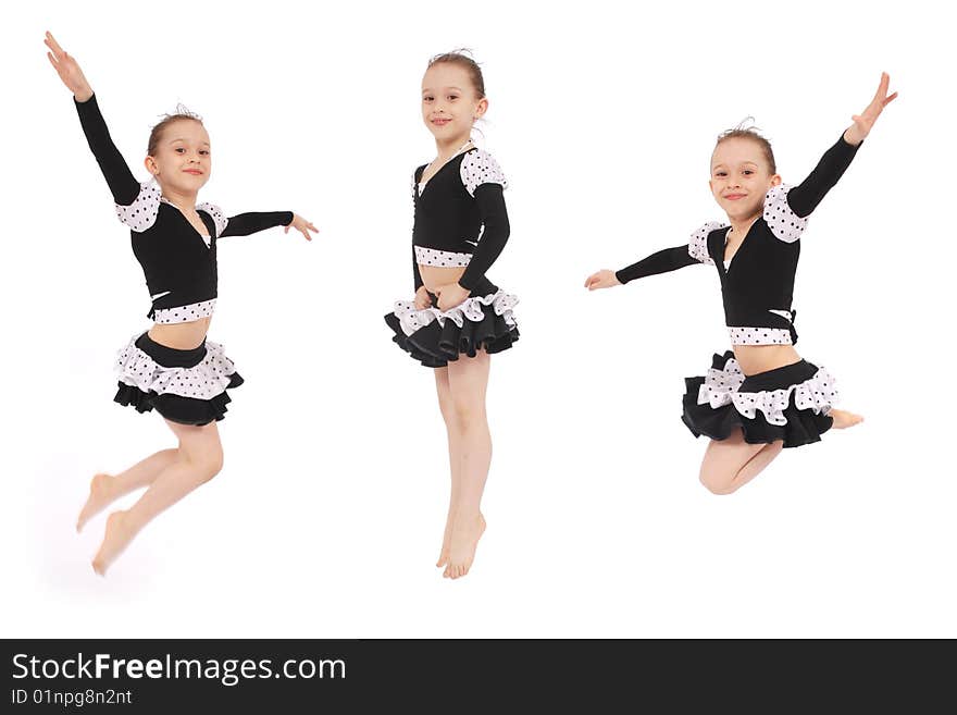 Little handsome jumping girl in three poses on white background