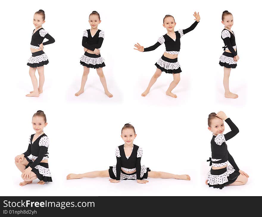 Girl in black dress posing in studio seven poses on white background