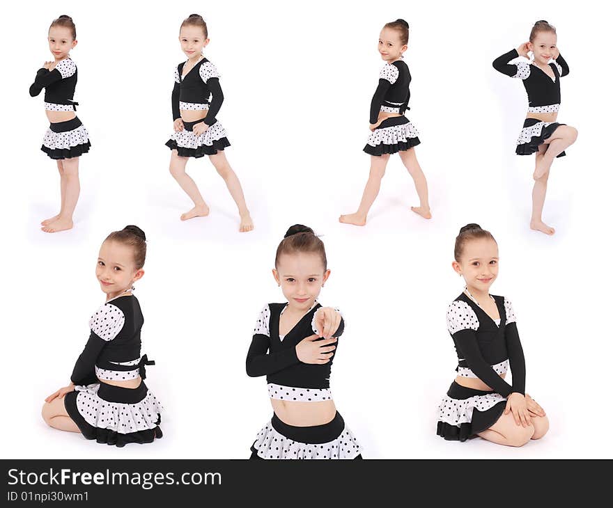 Girl in black dress posing in studio seven poses on white background