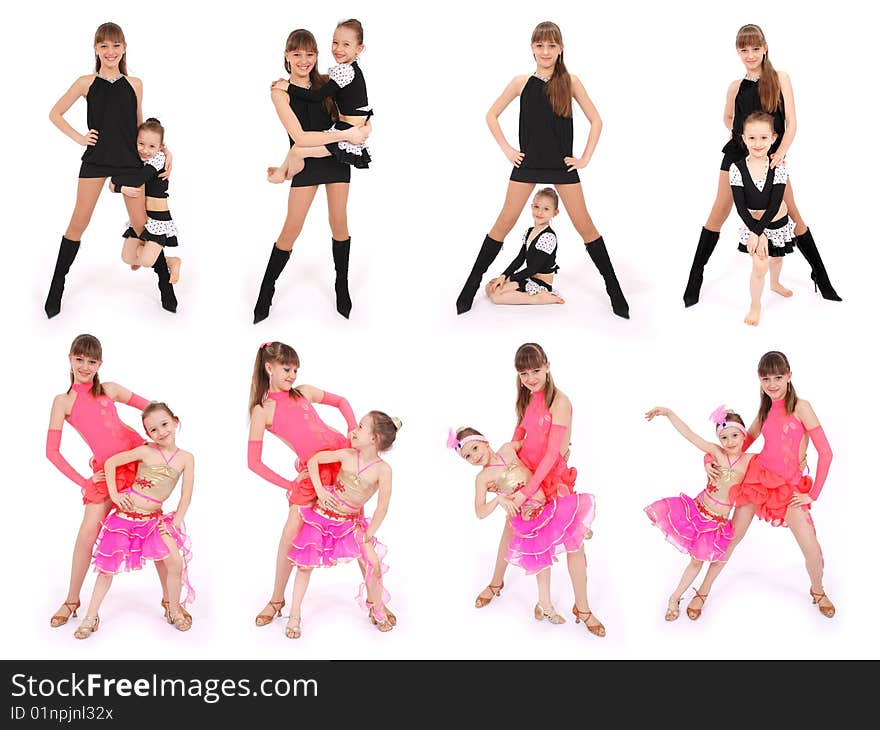 Two girl in dress posing in studio eight poses on white background