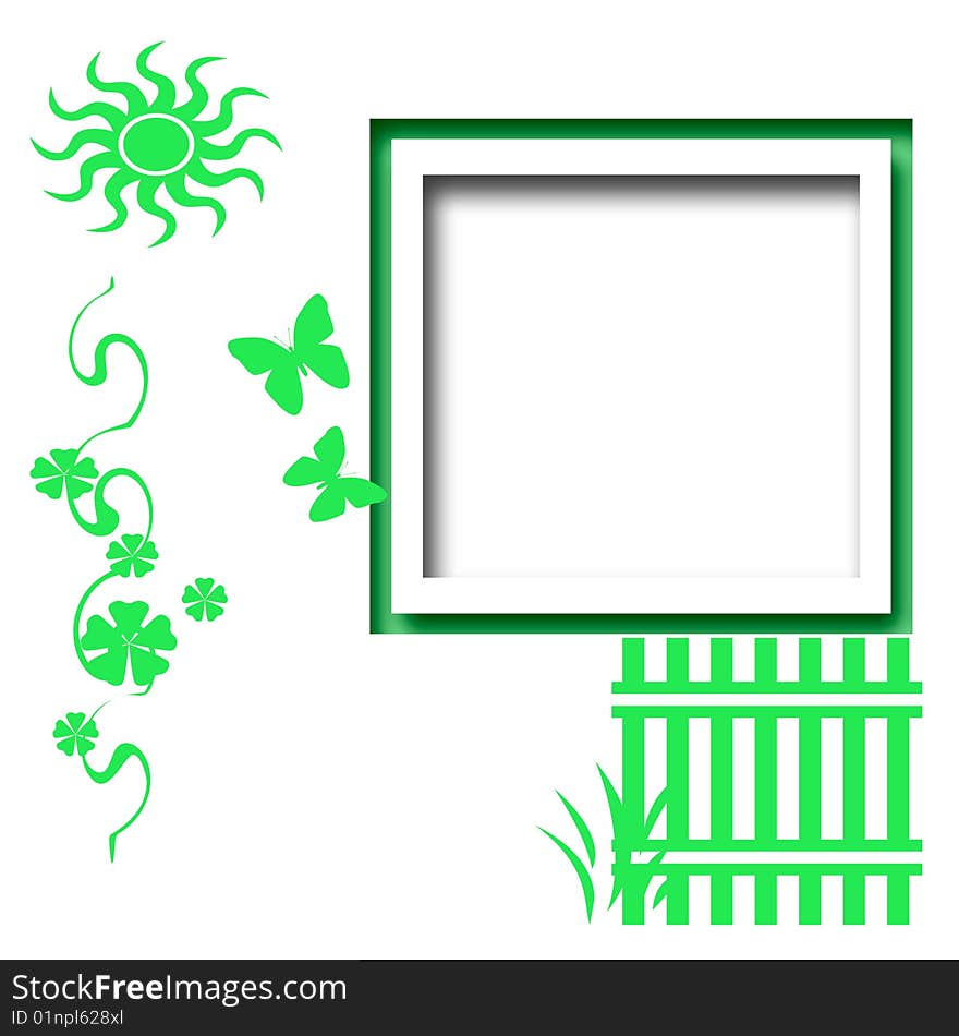 All green illustrated  fence and flowers on white background. All green illustrated  fence and flowers on white background