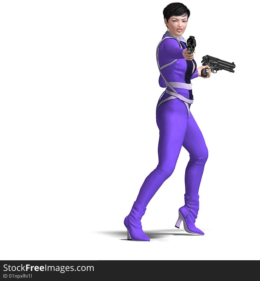 Rendering of Female Action Agent with guns contains  Clipping Path. Rendering of Female Action Agent with guns contains  Clipping Path