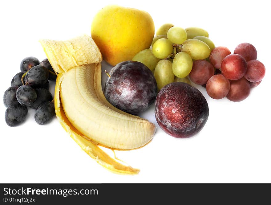 Background with red and green grape,
apple, banana. Background with red and green grape,
apple, banana