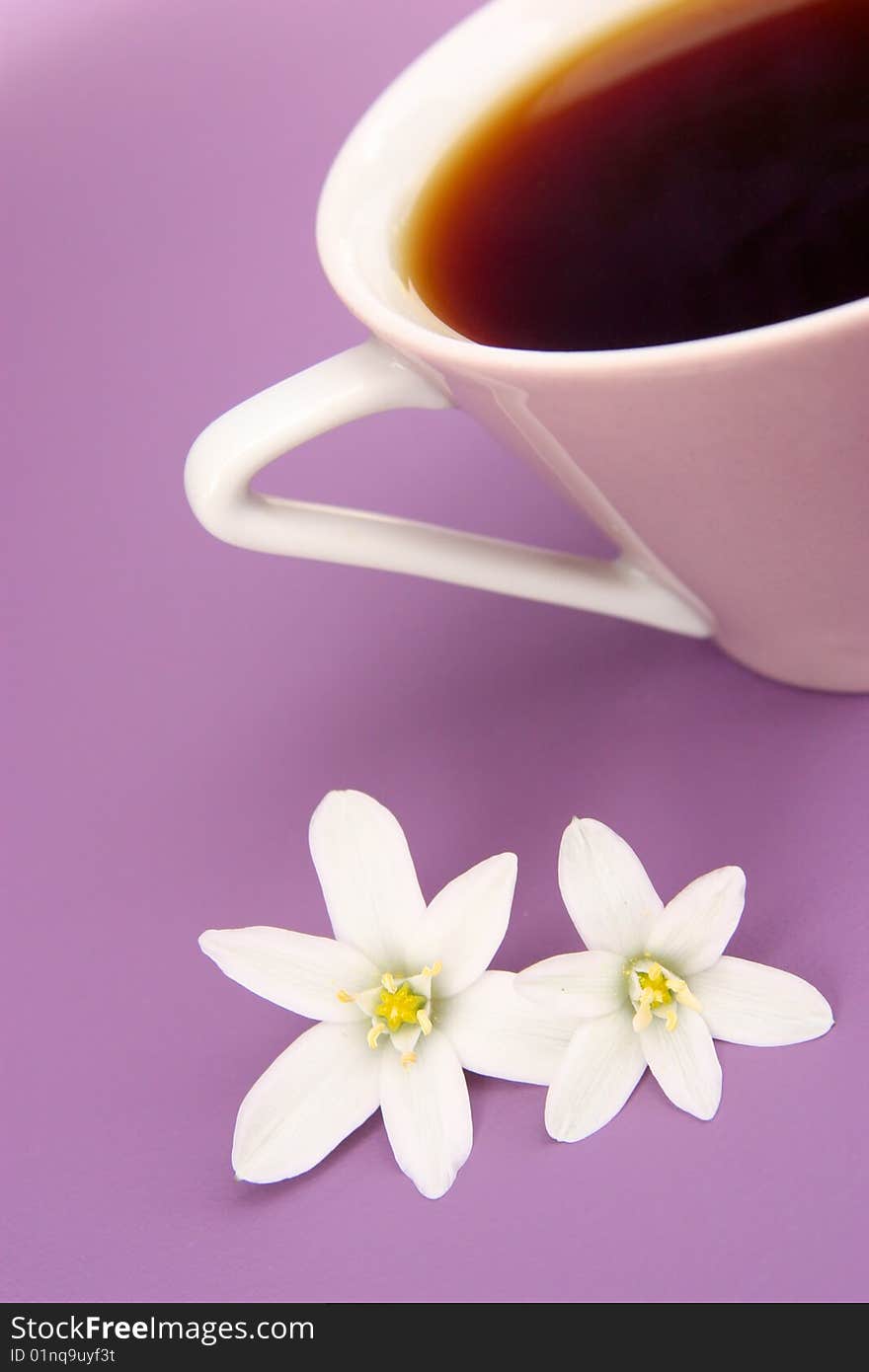 Cup of coffee and white flowers