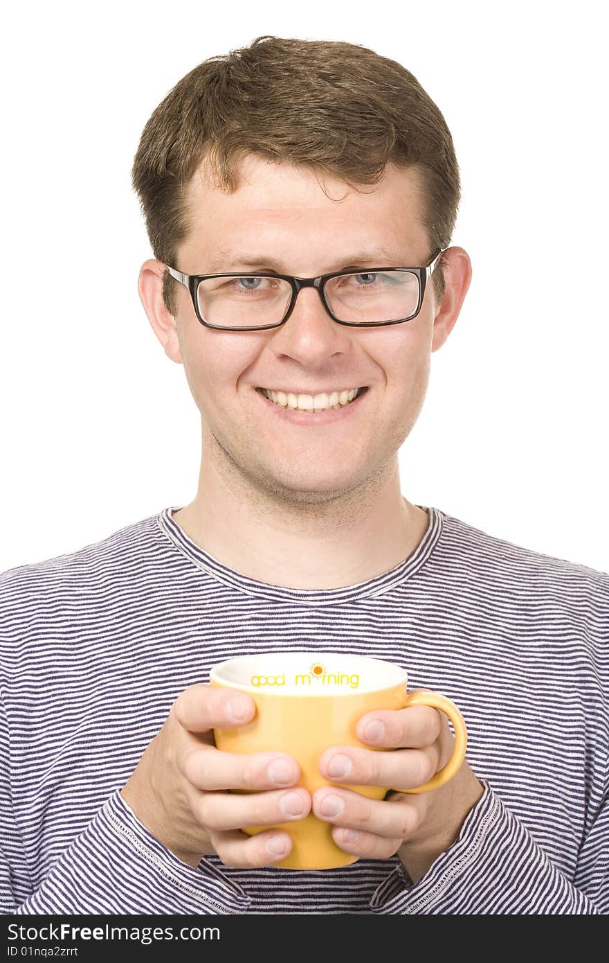 A smiling man with a yellow cup  titled Good morning