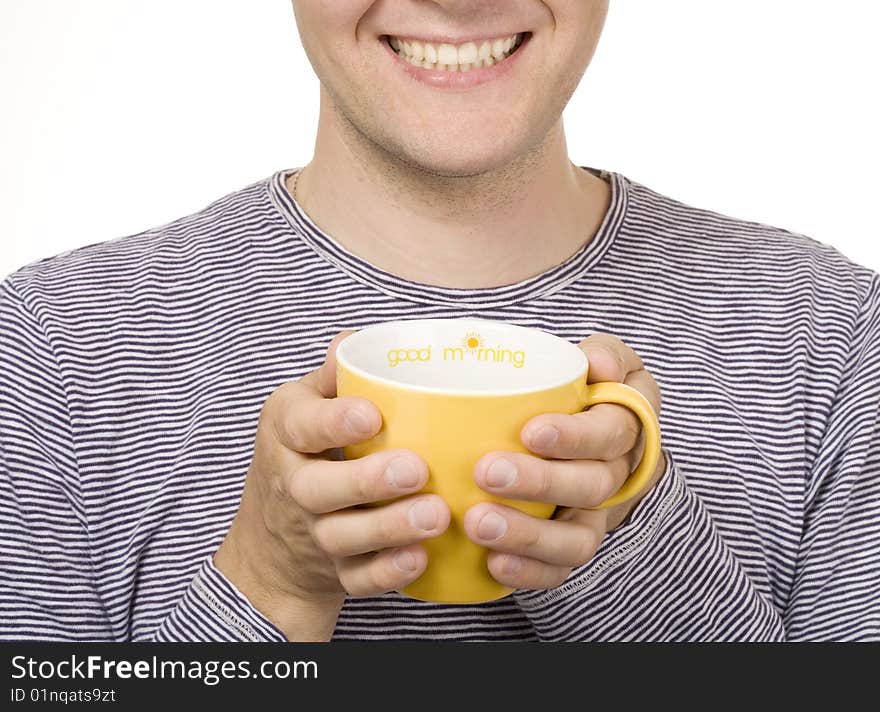 A smiling man with a yellow cup titled Good morning