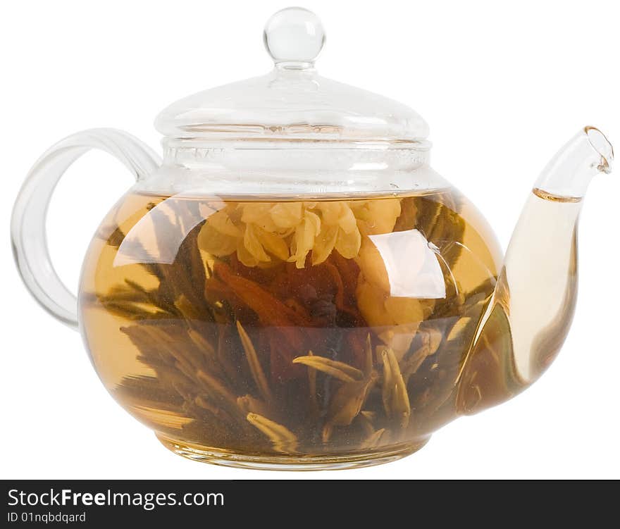 Teapot with green tea on white background with clipping path