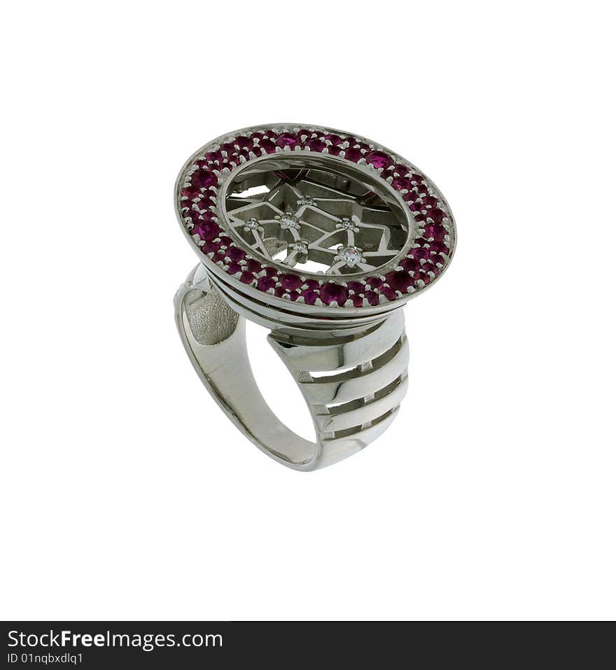 Silver ring with purple stone isolated on white, macro. Silver ring with purple stone isolated on white, macro