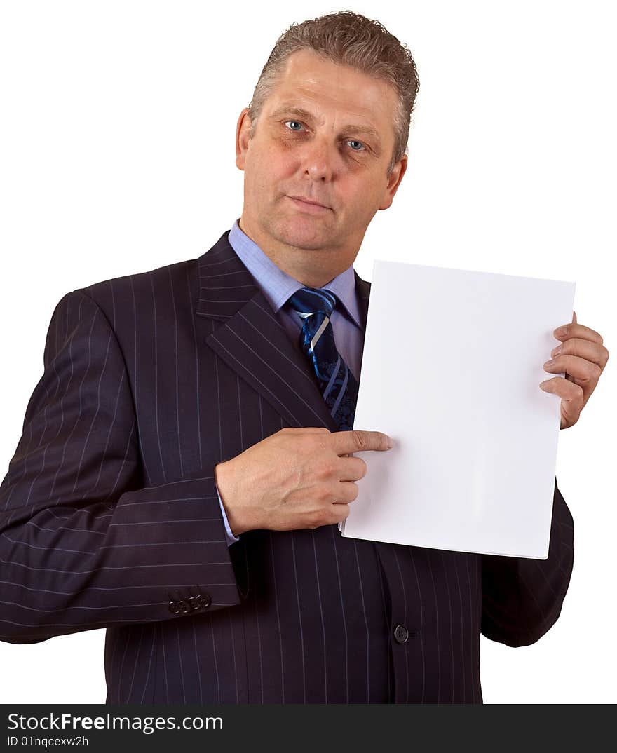 Portrait of a businessman with blank card in a hand. You can just add your text there. Portrait of a businessman with blank card in a hand. You can just add your text there