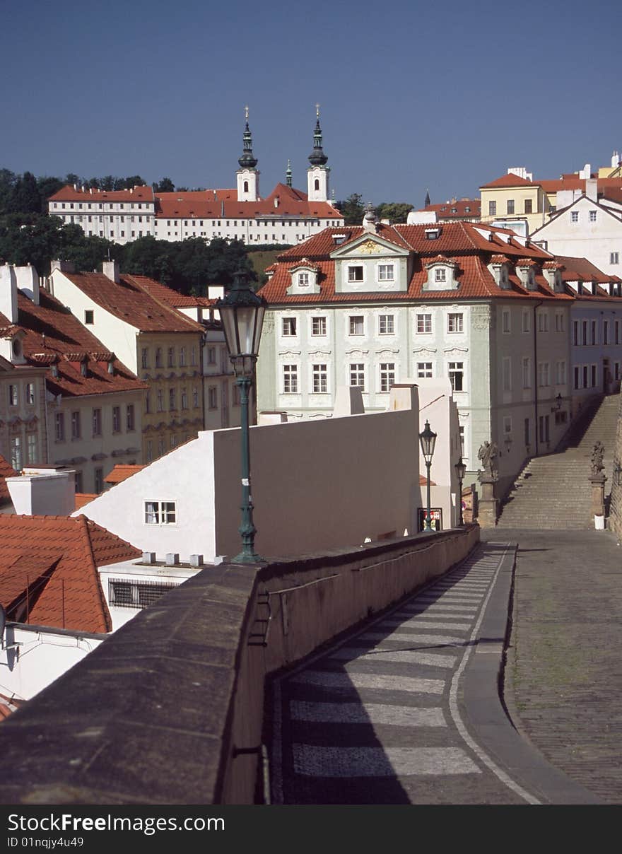 View of insider historical home, against a background church. View of insider historical home, against a background church