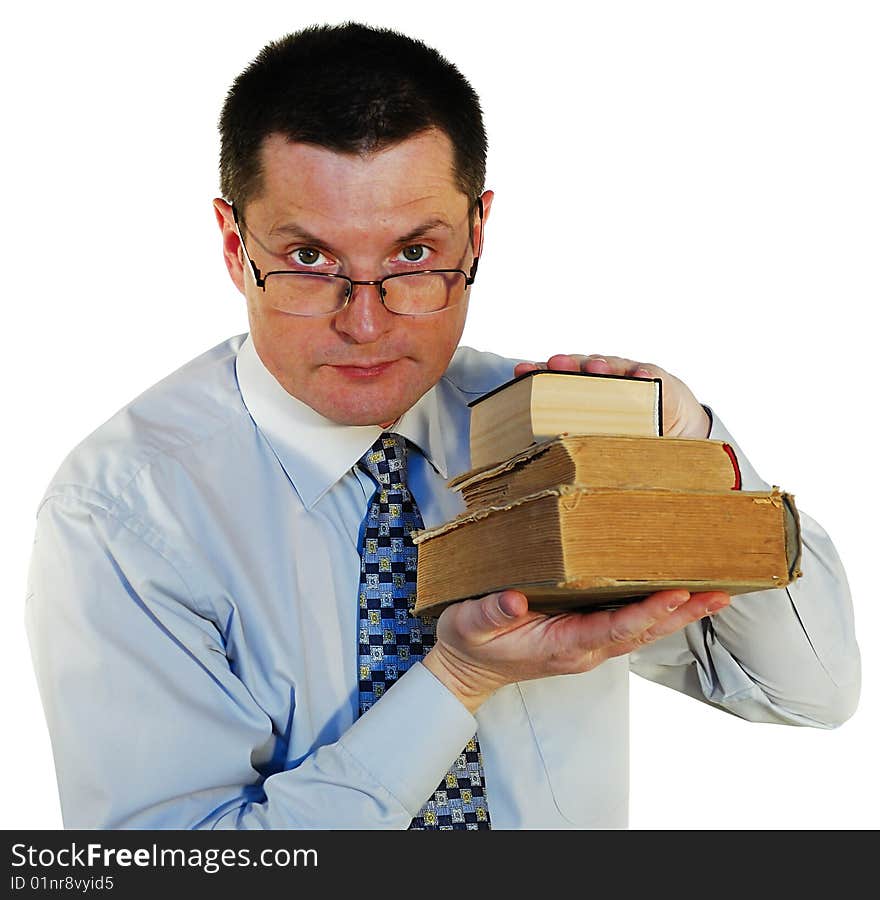 Man with a age-old books, isolated on a white background. Man with a age-old books, isolated on a white background