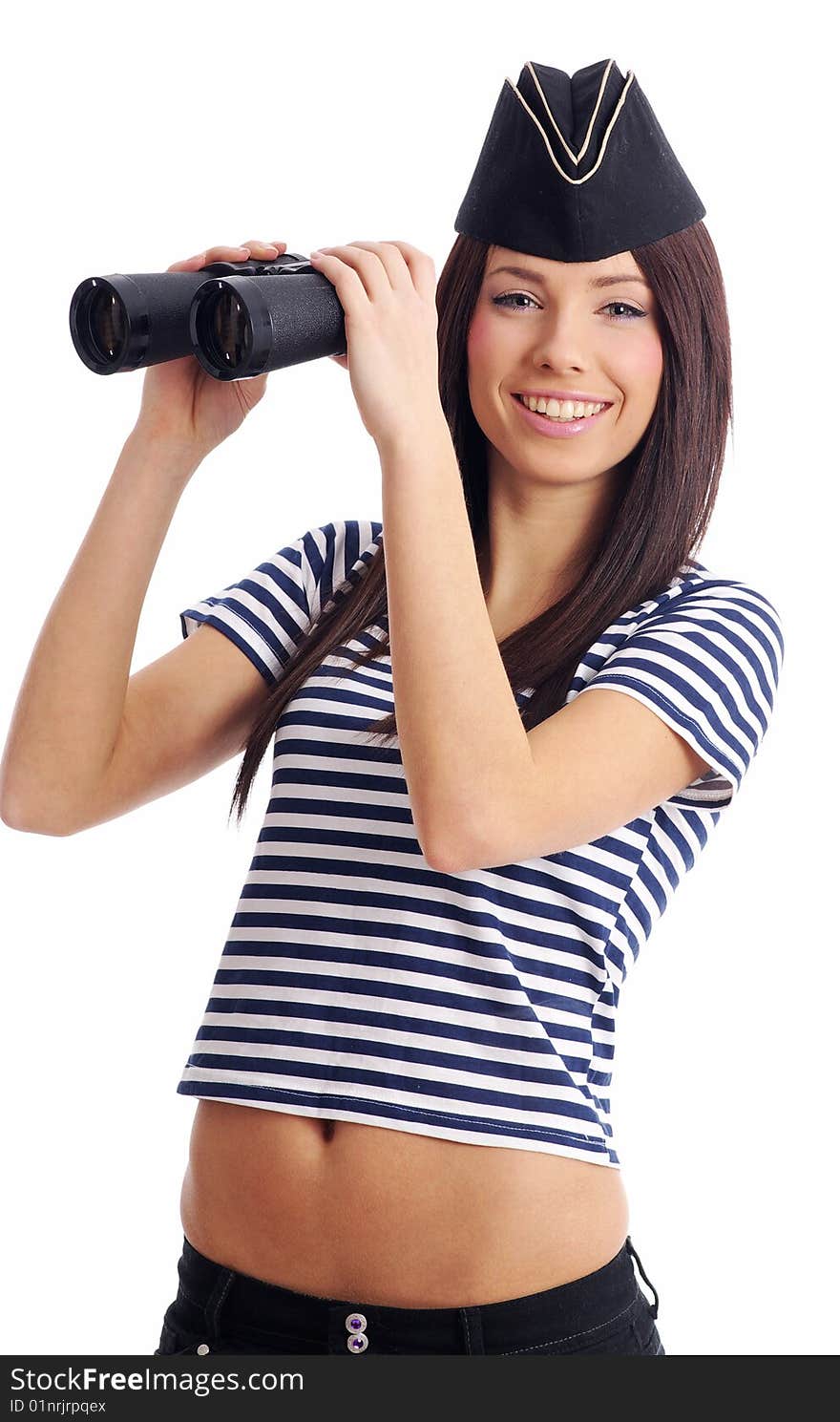 Sexy girl in marine uniform holding binocular