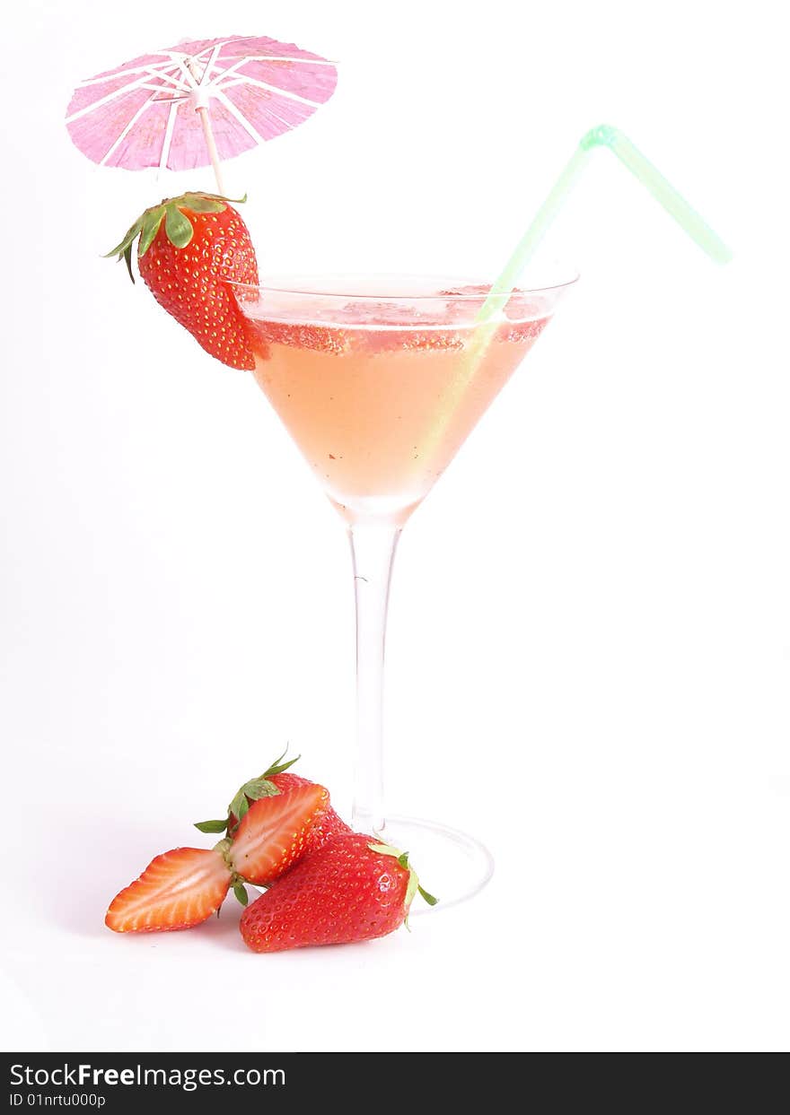 Strawberry cocktail with fruit on white background