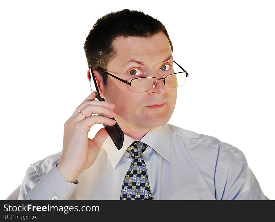 Portrait of man in glasses with a cell phone