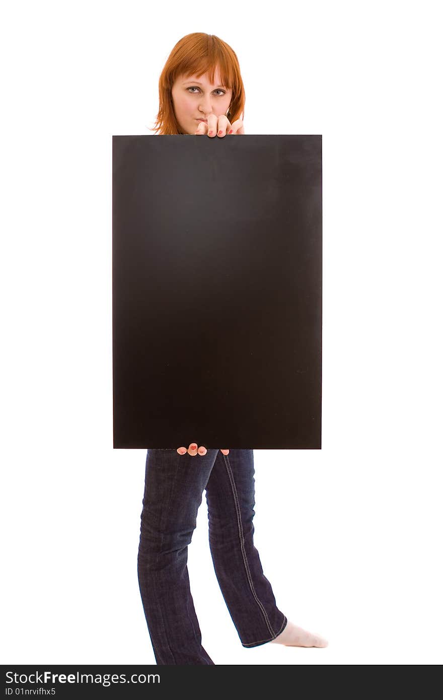 Woman holding black banner on white. Woman holding black banner on white