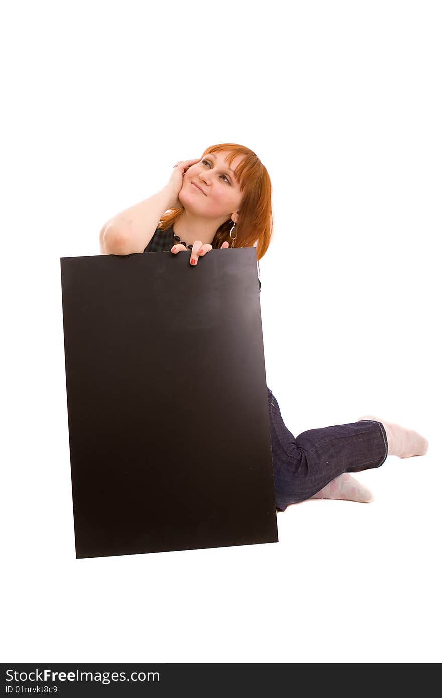 Woman holding black banner on white. Woman holding black banner on white