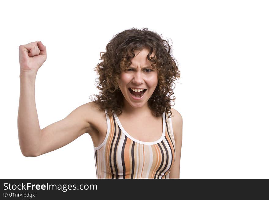 A woman screaming with crazy expression. Young angry woman. Stress and frustration. Isolated over white background. A woman screaming with crazy expression. Young angry woman. Stress and frustration. Isolated over white background.