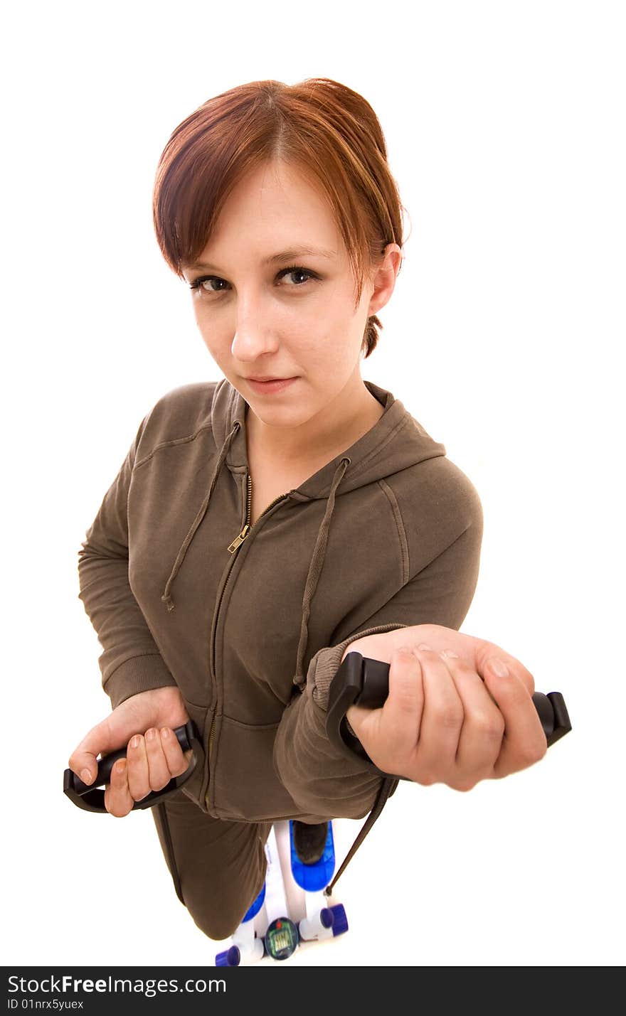 Active woman on white background