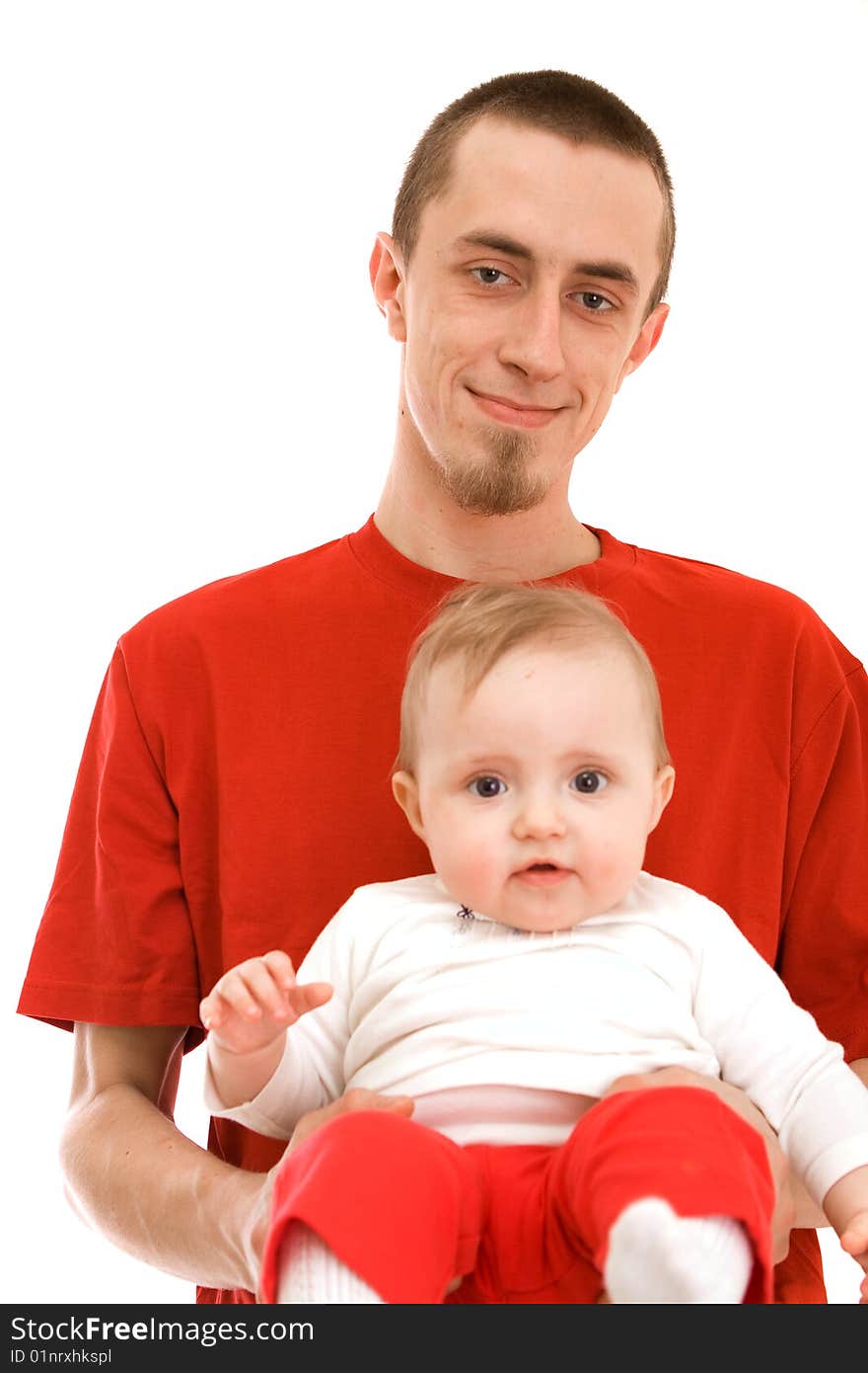 Men and his baby on white background. Men and his baby on white background