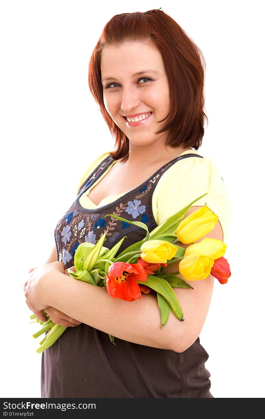 Woman with flowers on white background