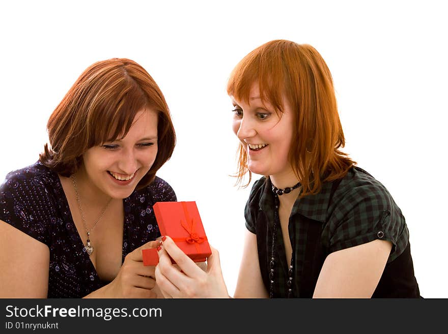 Friends with present on white background