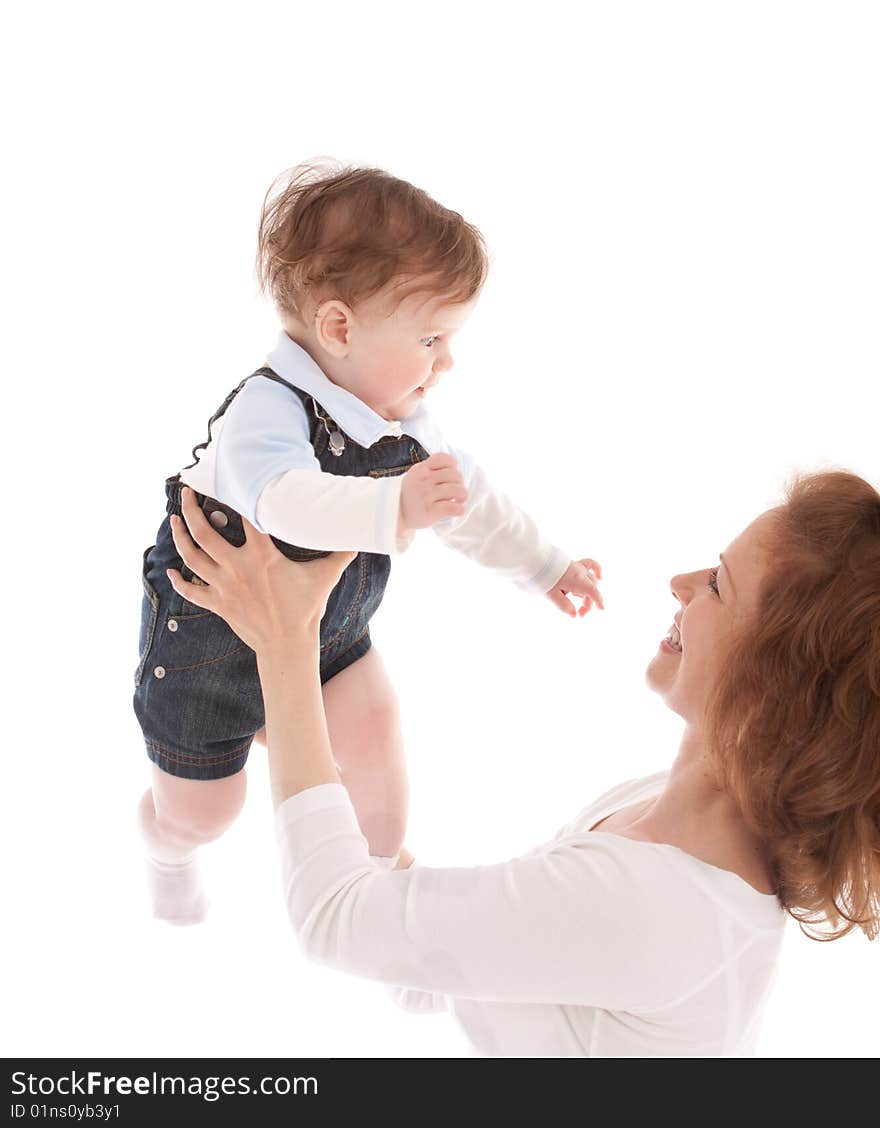 Portrait of happy mother with joyful baby boy isolated on white