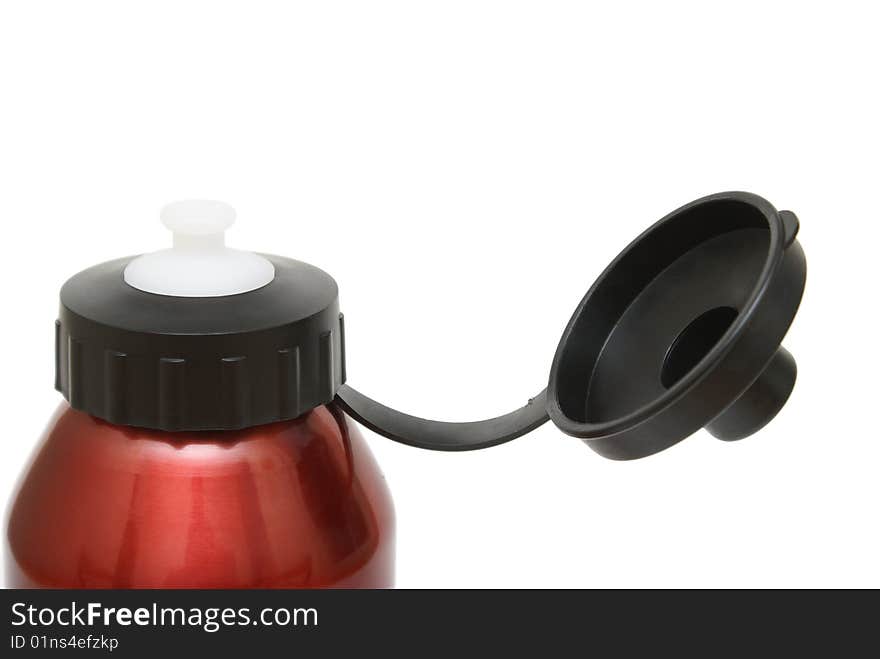 A red water bottle isolated on white background.