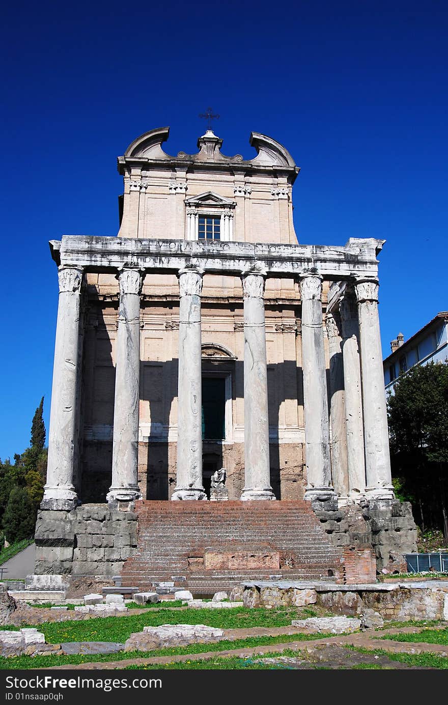 The temple was begun in 141 by the Emperor Antoninus Pius, and was intitially dedicated to his deceased and deified wife, Faustina the Elder. The temple was converted to a church, known as San Lorenzo in Miranda, perhaps as early as the seventh century. Christianization has accounted for the survival of the cella and portico of the temple, though the marble cladding of the cella has been scavenged. The temple was begun in 141 by the Emperor Antoninus Pius, and was intitially dedicated to his deceased and deified wife, Faustina the Elder. The temple was converted to a church, known as San Lorenzo in Miranda, perhaps as early as the seventh century. Christianization has accounted for the survival of the cella and portico of the temple, though the marble cladding of the cella has been scavenged.