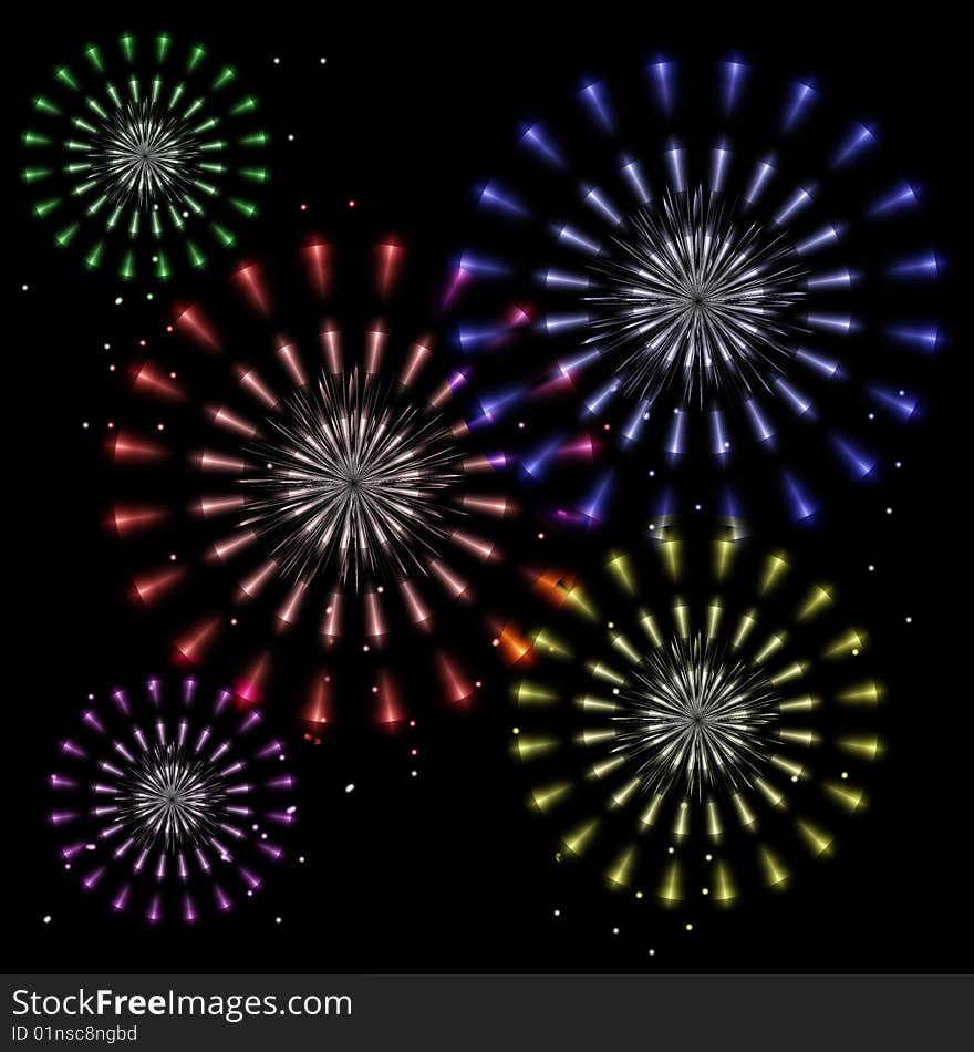 Colorful fireworks explode in flower shapes in a night sky. Colorful fireworks explode in flower shapes in a night sky.