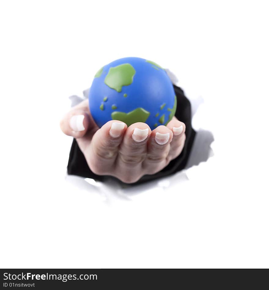 Woman hand holding planet earth globe