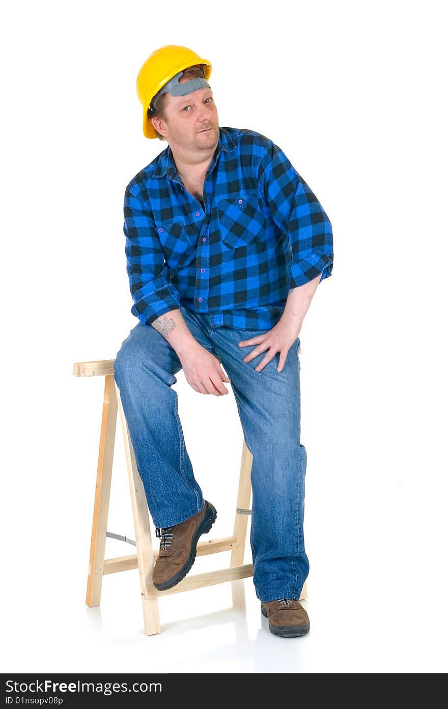 Carpenter, white background, reflective surface, studio shot. Carpenter, white background, reflective surface, studio shot