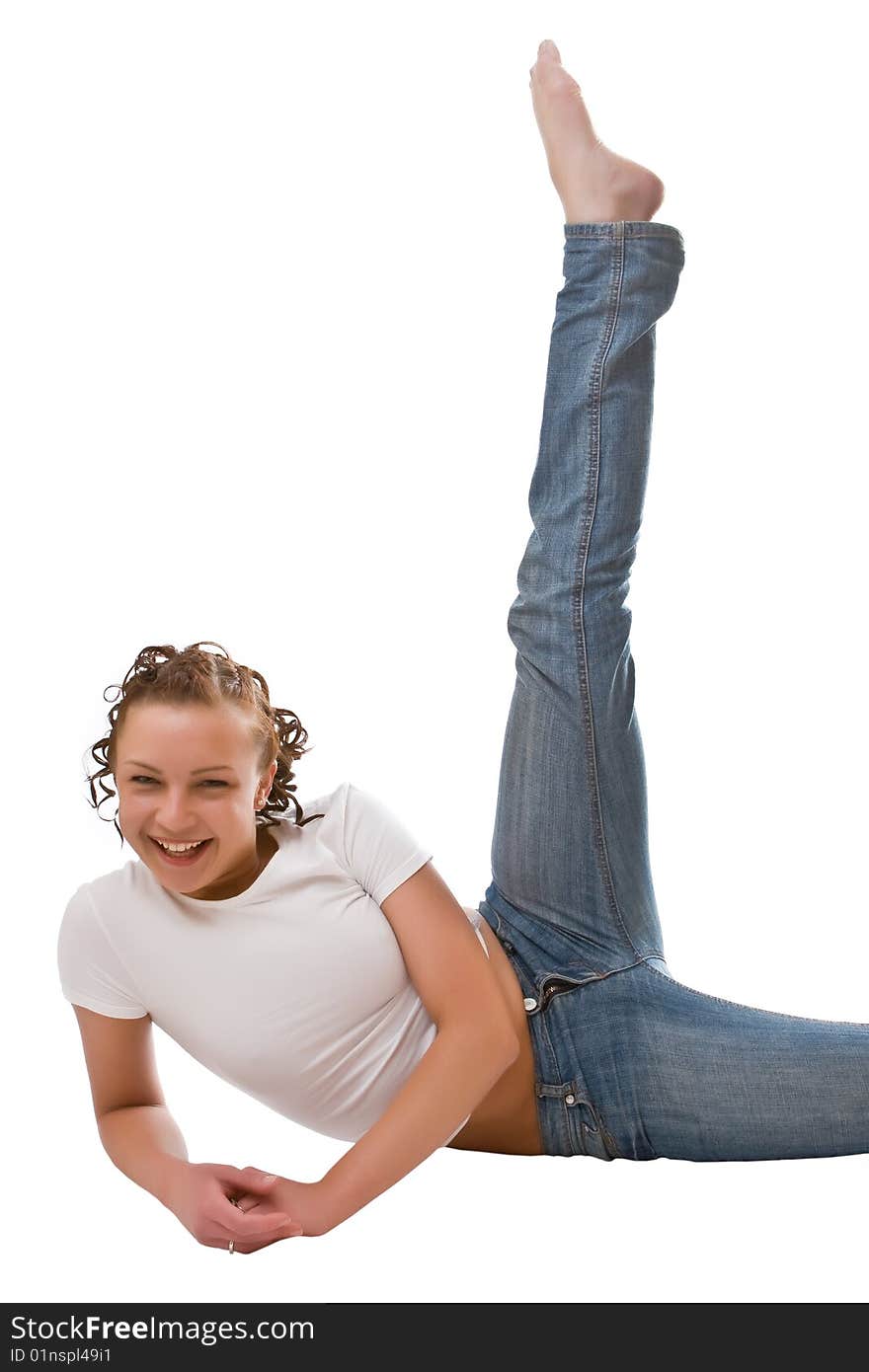 Girl in a white vest and jeans isolated on a white background. Girl in a white vest and jeans isolated on a white background