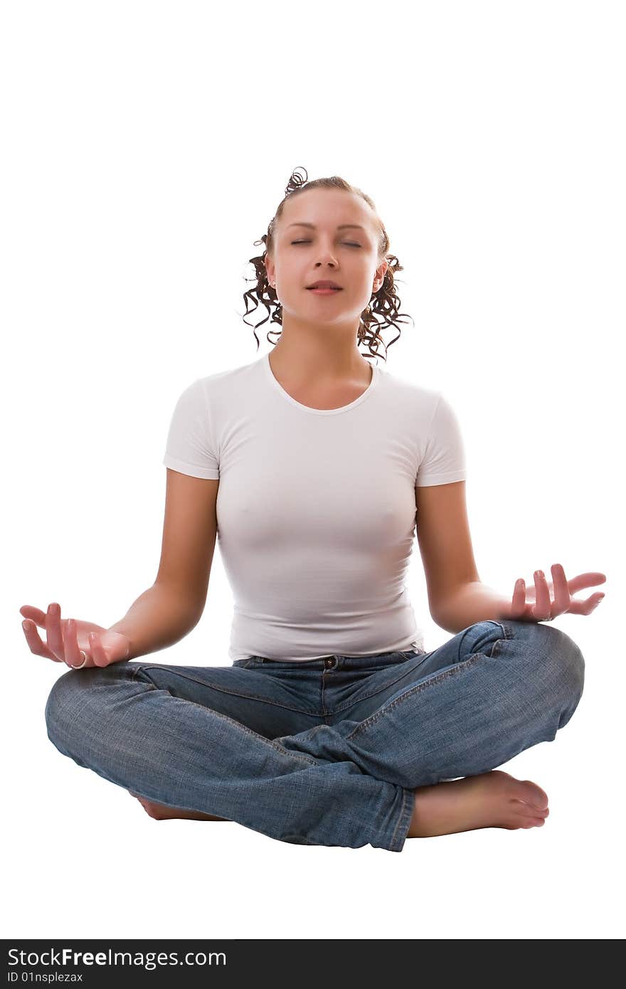 Girl in a white vest and jeans isolated on a white background. Girl in a white vest and jeans isolated on a white background