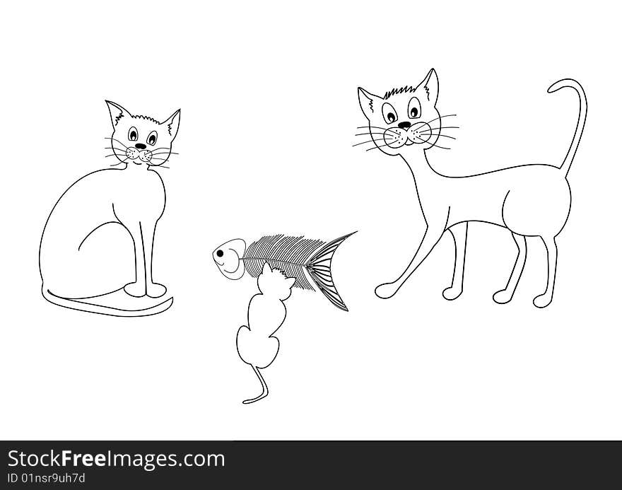 Drawing depicting three cats, one seated, one standing and one who eats a fish