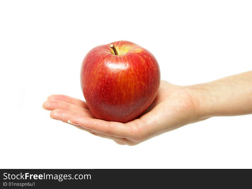 Hand with apple isolated on white background