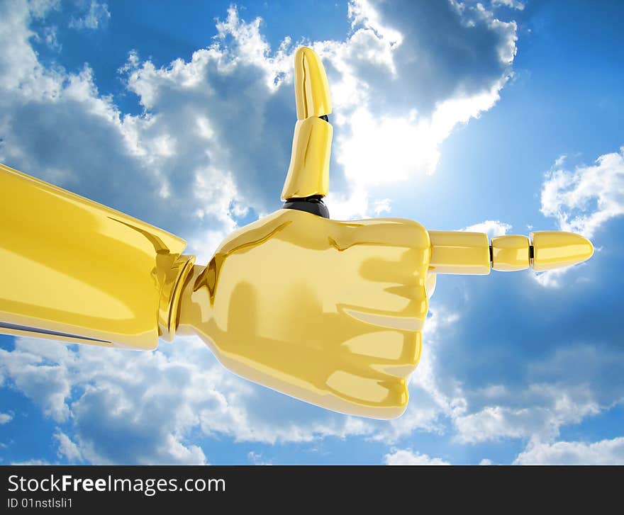 Pointing 3d gold robotic hand. Including clipping path.