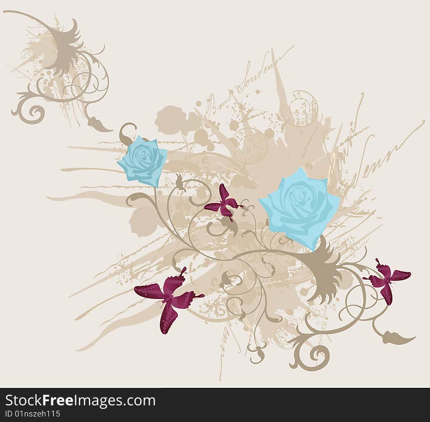 Illustration of roses and butterflies on a grungy background