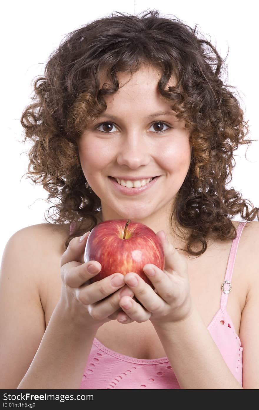 Young woman hold apple  in hand.  Young smiling girl with apples. Isolated over white. Young woman hold apple  in hand.  Young smiling girl with apples. Isolated over white.