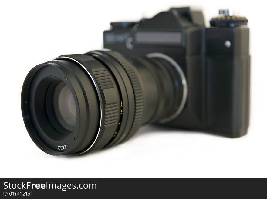 Old slr camera on a white background