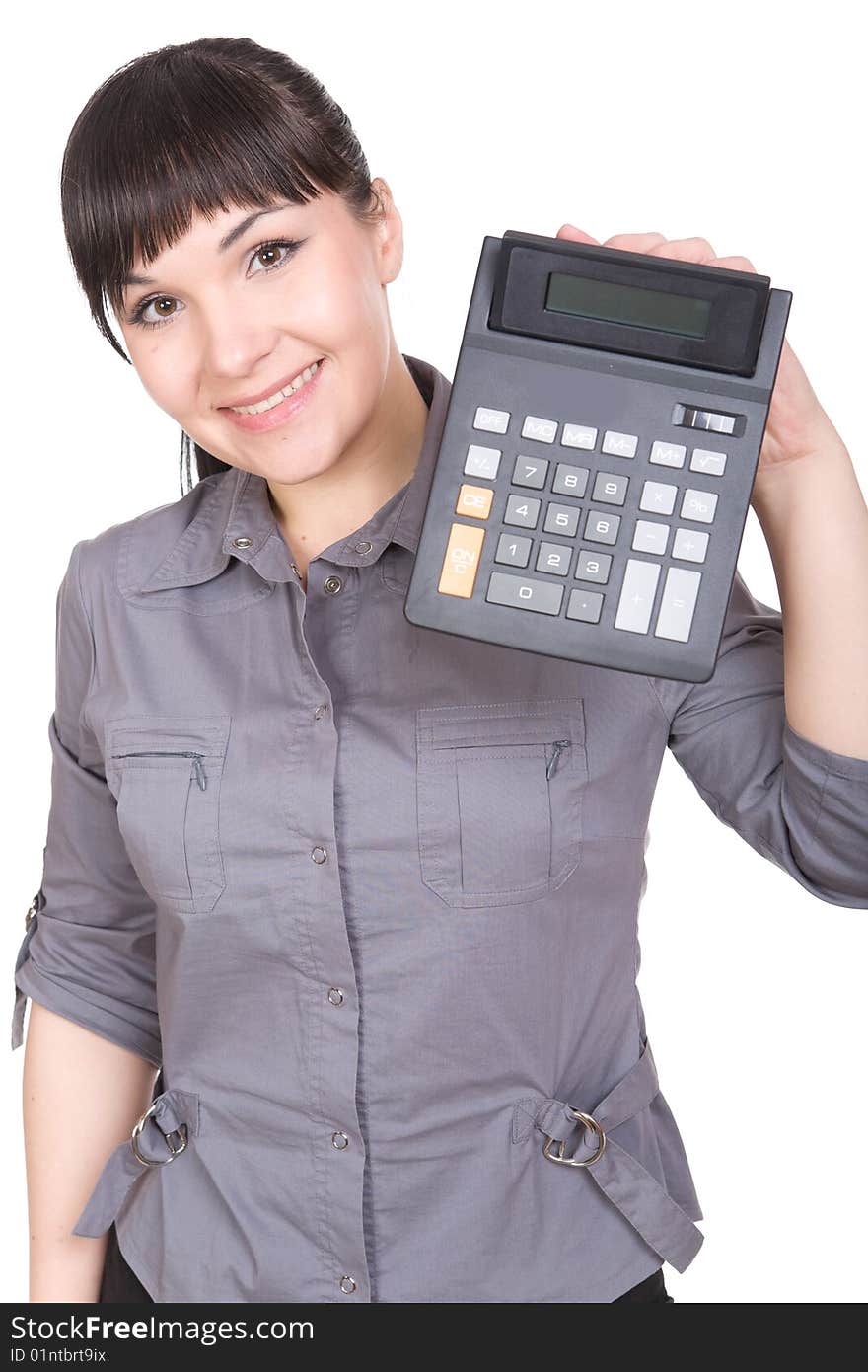 Young businesswoman with calculator . over white background