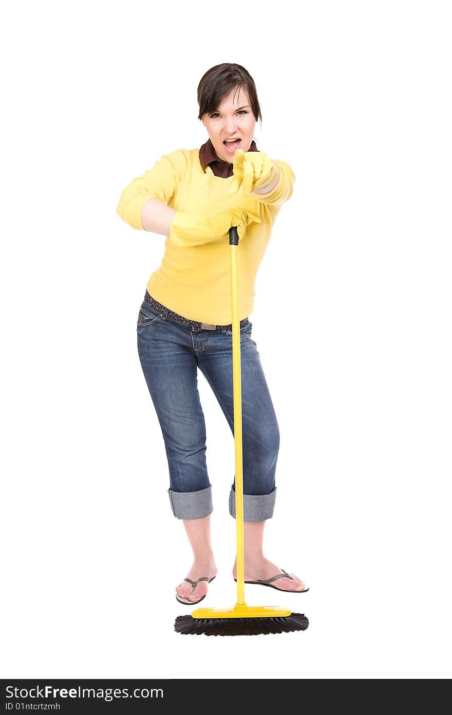 Attractive brunette woman doing housework. over white background. Attractive brunette woman doing housework. over white background