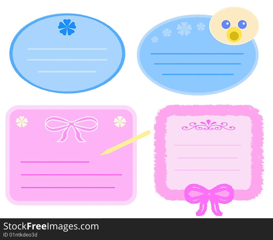 Four cute baby tags, blue and pink. Digital drawing. Coloured picture.