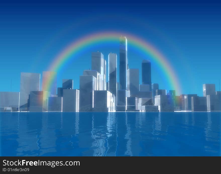 Illustration,a rainbow on city background.