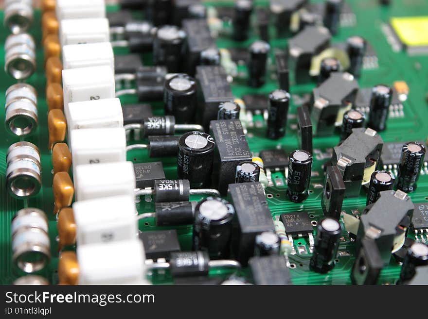 Green striped electronics circuit details in plate. Green striped electronics circuit details in plate