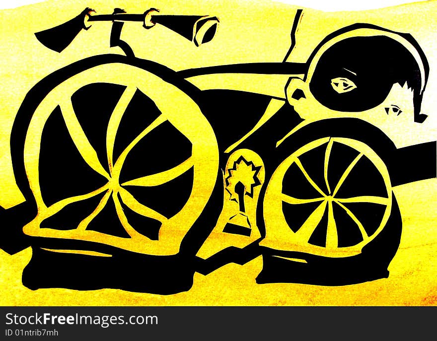 Original screen print of a kid behind a bicycle. Original screen print of a kid behind a bicycle