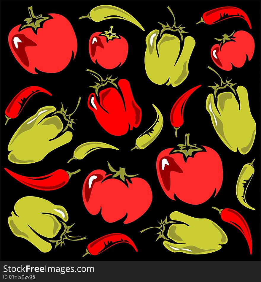 Cartoon tomatoes, pepper and paprika silhouettes on a black background. Cartoon tomatoes, pepper and paprika silhouettes on a black background.