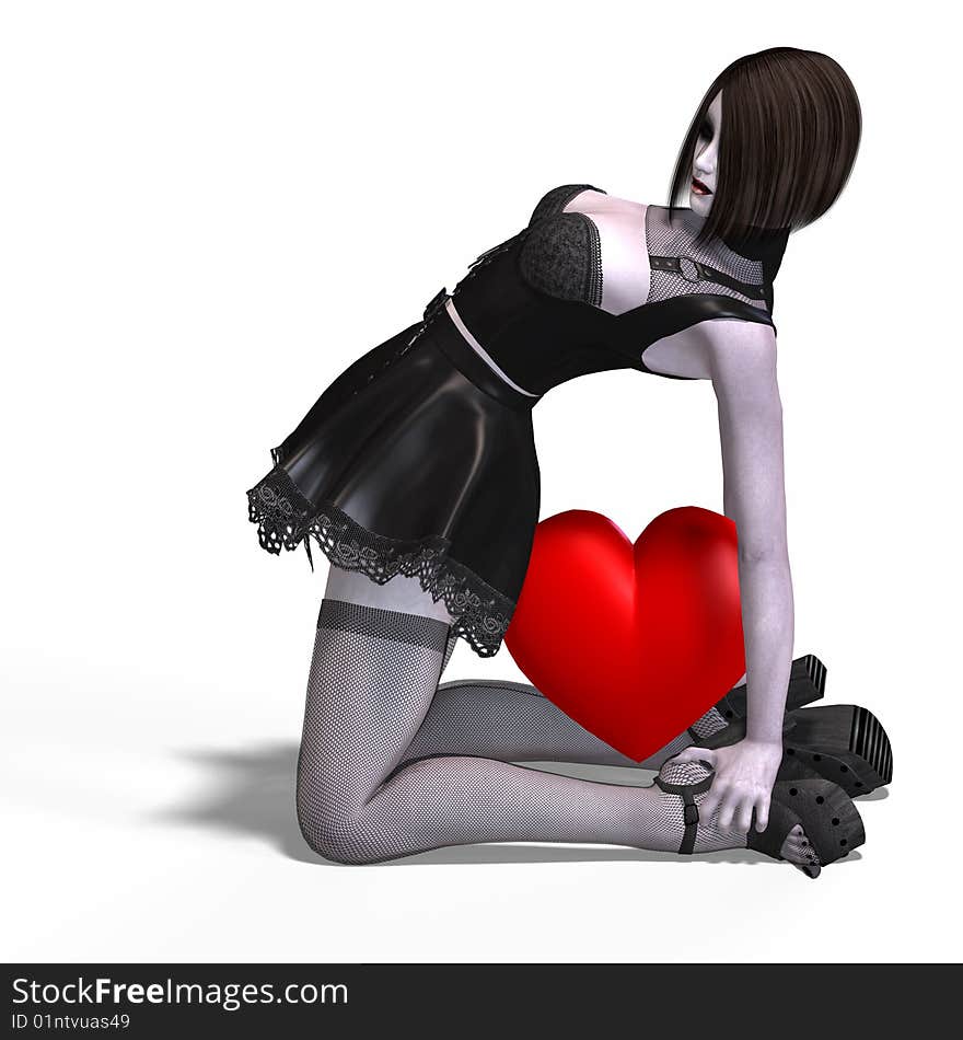 Gothic lady with red heart and Clipping Path over white. Gothic lady with red heart and Clipping Path over white