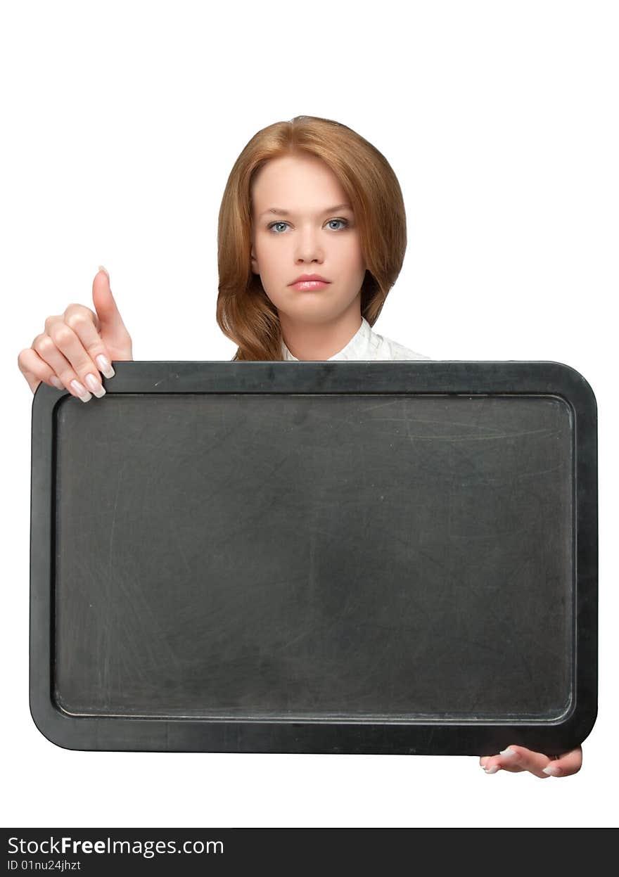 Woman showing black board  isolated over white