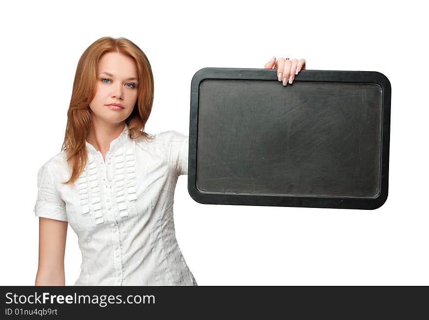 Pretty woman holding black board