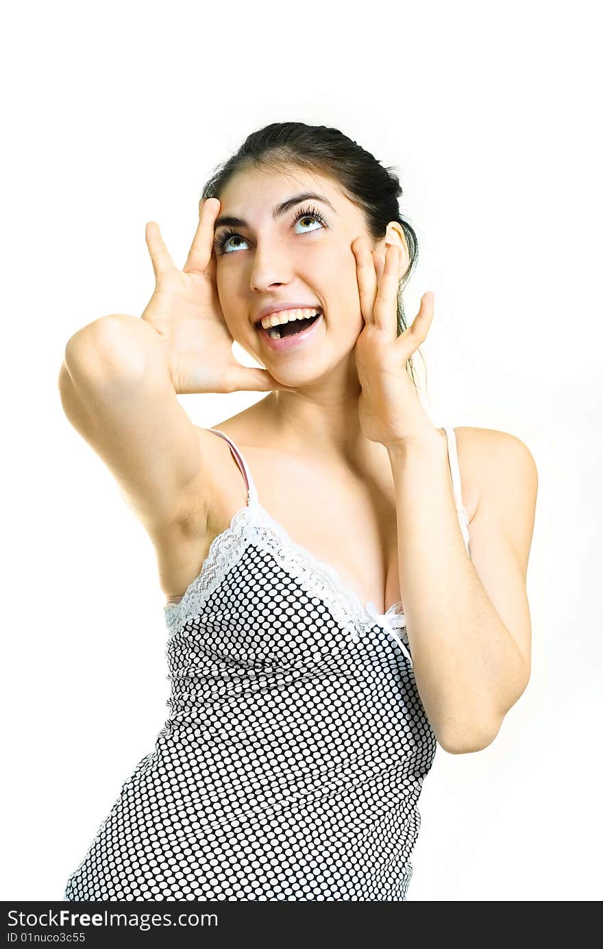 Portrait of a beautiful young surprised woman closing her face with hands. Portrait of a beautiful young surprised woman closing her face with hands